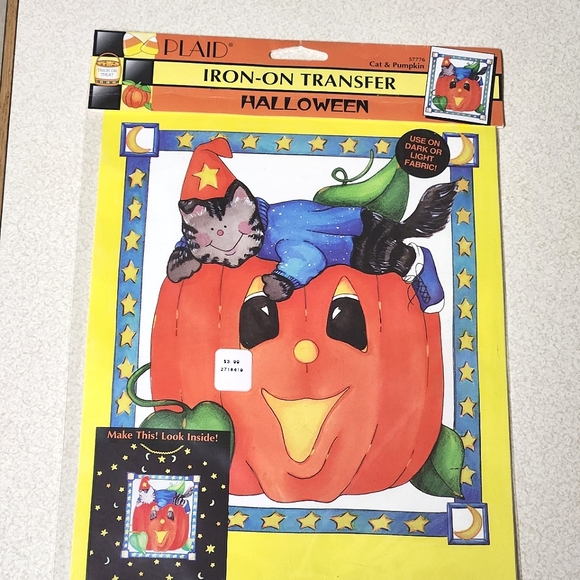 VTG NWT Plaid Brand Cat And Pumpkin No-Sew Transfer - Picture 1 of 6